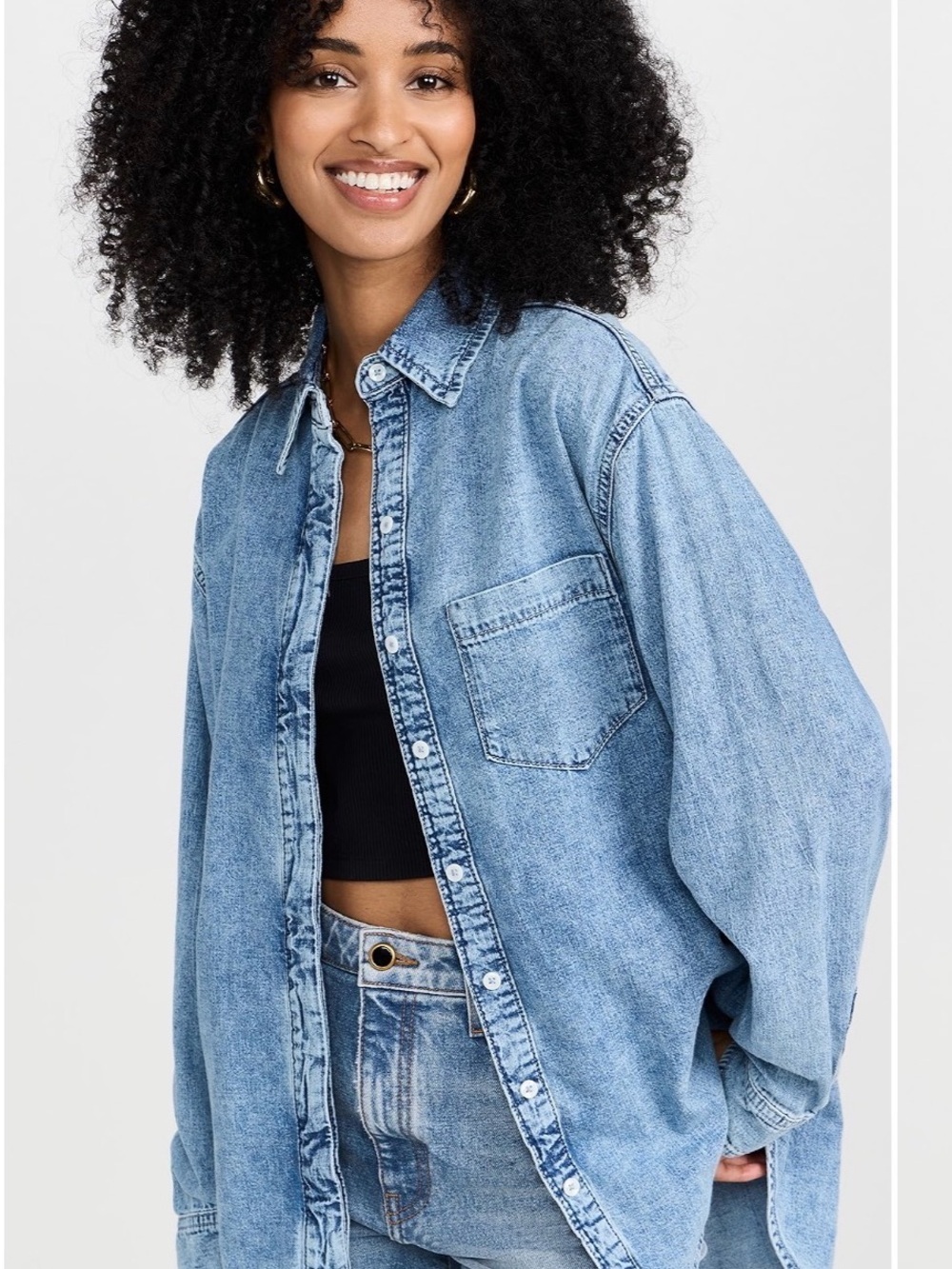 Light Wash Denim Button-Up Shirt - Blue
